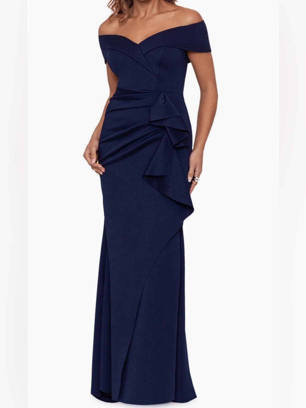 Xscape Navy One-Shoulder Ruffle Scuba Crepe Evening Gown RC310